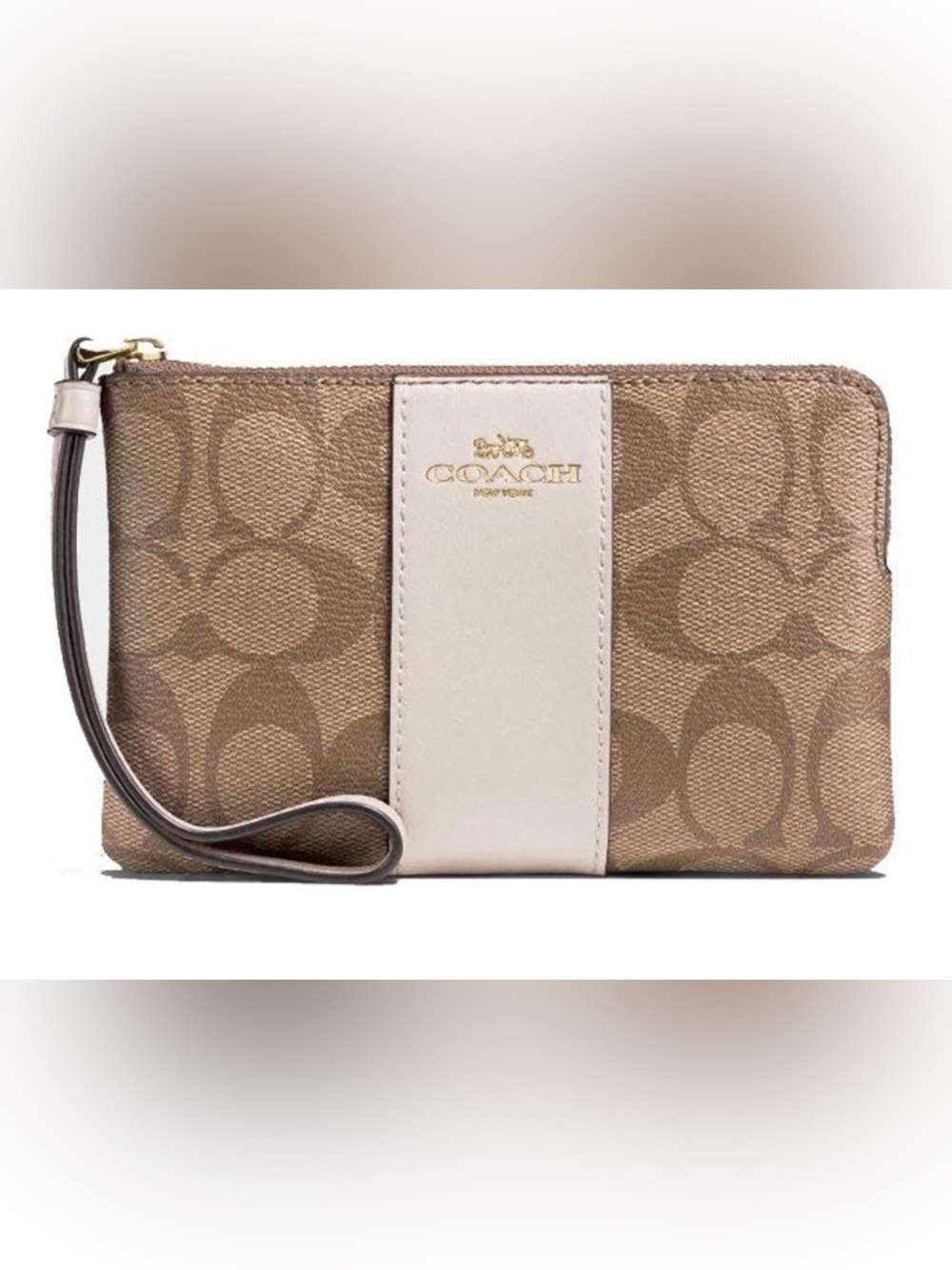 Coach Khaki Canvas Wristlet with Chalk Center Stripe